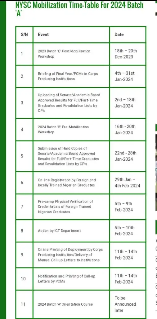 NYSC Timetable